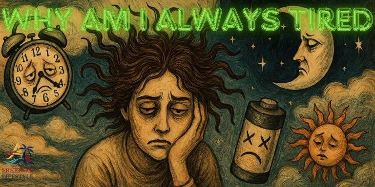 A surreal illustration showing a tired person surrounded by symbols of fatigue like a sad clock, low battery, and worried moon, visually asking “why am I always tired.”