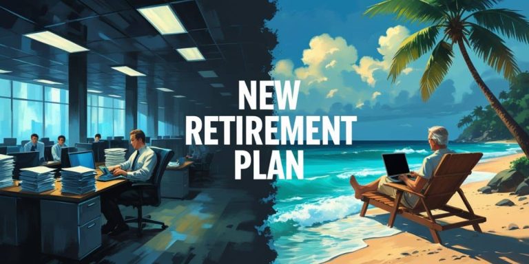 Split image showing traditional office life vs. beachside remote work, symbolizing the new retirement plan through location freedom.