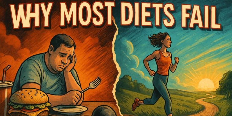 Split-screen illustration showing “Why most diets fail”—a sad man chained to junk food on the left, and a woman running toward a sunrise on the right, symbolizing freedom through metabolic health.