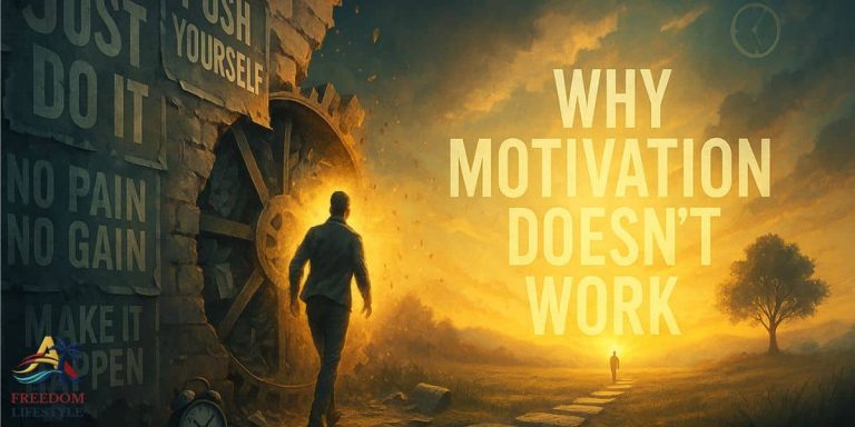 A person walking away from a crumbling wall of motivational clichés into a glowing sunrise, symbolizing personal growth and the truth behind why motivation doesn’t work.