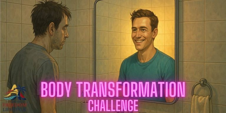 Man looking into a bathroom mirror with a tired expression, seeing a healthier, vibrant version of himself reflected back — representing the transformation possible through the 51 Day Body Reset Challenge.