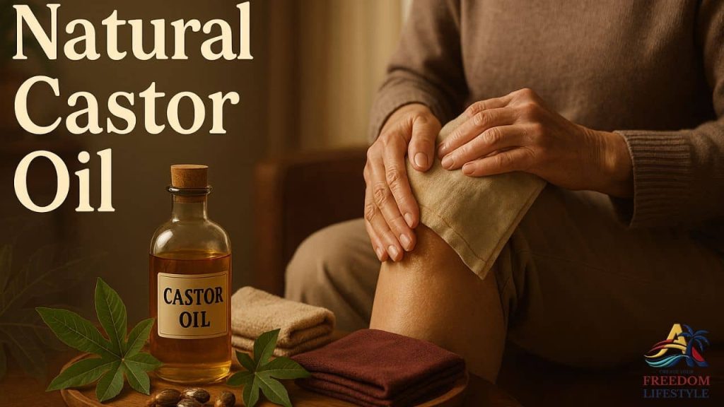 A person applies a warm compress with castor oil to their knee, surrounded by castor oil supplies, illustrating the use of castor oil for relieve arthritis pain naturally.