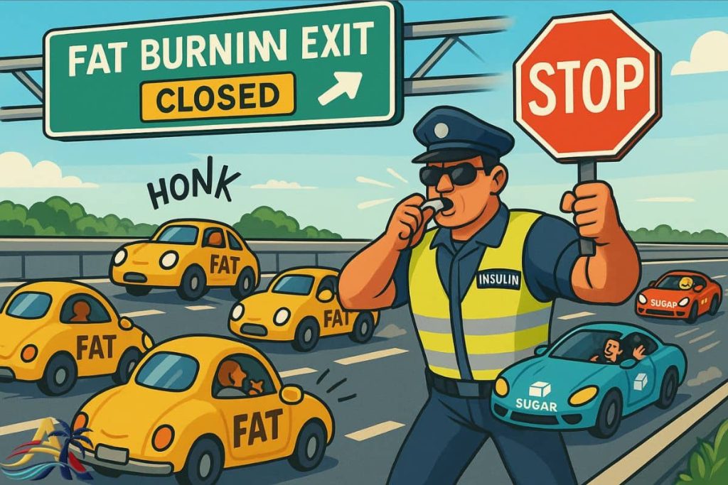 A colorful, semi-realistic illustration of a muscular insulin officer in a bright yellow vest blowing a whistle and holding a large red STOP sign at the “Fat Burning Exit,” blocking cartoonish fat molecule cars while sleek sugar sports cars zoom by in the open lane, symbolizing how insulin prevents fat loss.