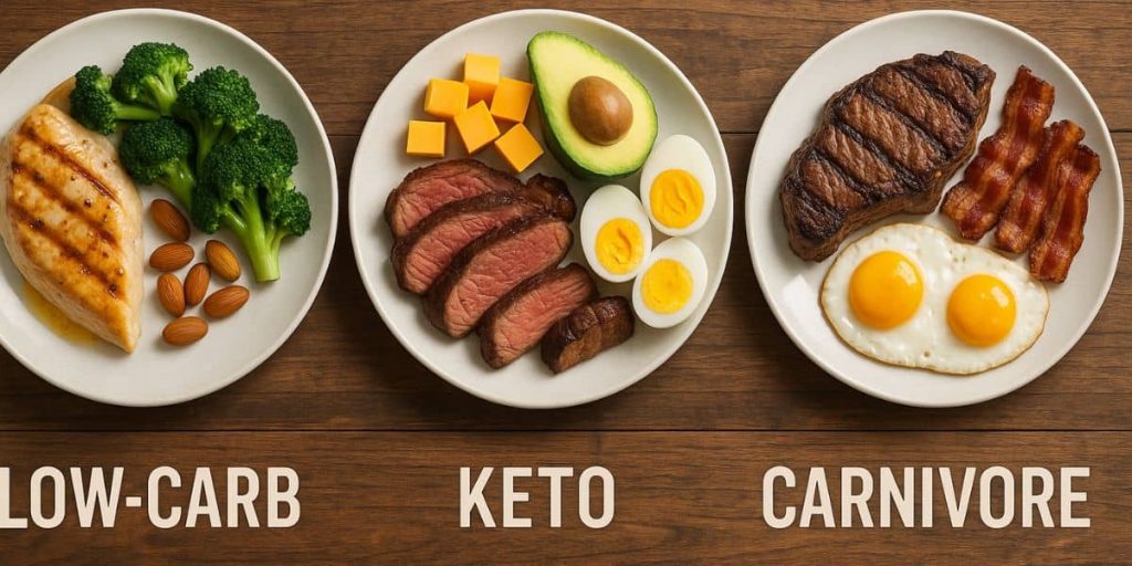 Three plates showing the progression from low-carb to keto to carnivore: grilled chicken with broccoli and almonds, ribeye with avocado and eggs, and steak with bacon and sunny-side-up eggs.