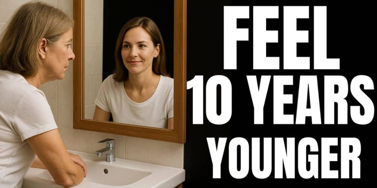Middle-aged woman leaning on a bathroom counter, looking into a mirror that reflects a 10 year younger version of herself