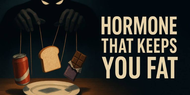 Digital illustration of a person unknowingly eating hidden sugar, with bold text reading “Hormone That Keeps You Fat” to spark curiosity.