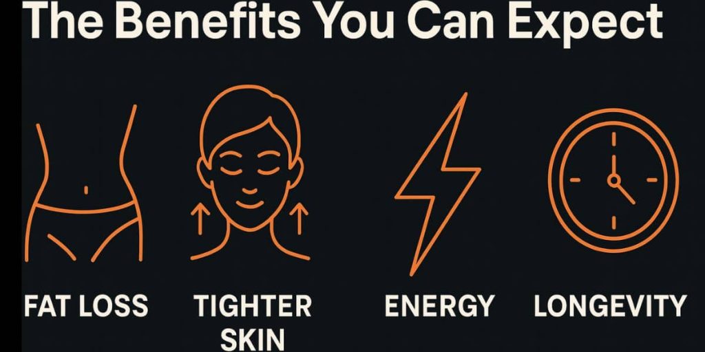 Infographic with icons showing the four benefits of fasting and autophagy: fat loss, tighter skin, more energy, and longevity.