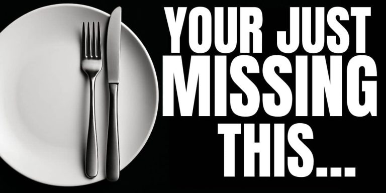 Black background with bold white text reading “You’re Missing This” beside an empty white plate and fork on the left, symbolizing fasting and the missing element in a real meal plan.