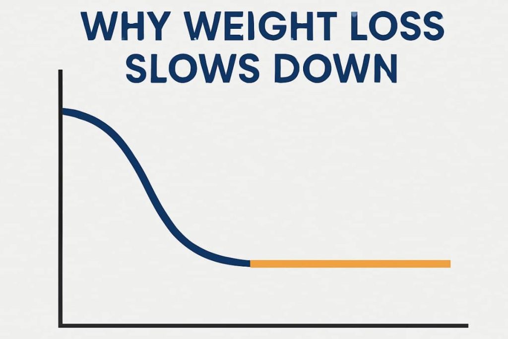 Stylized graph showing rapid early fat loss followed by a flat plateau, illustrating why weight loss slows down.