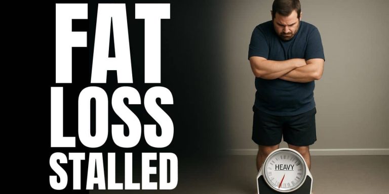 Overweight man looking down at a bathroom scale with the needle bent at heavy, symbolizing why weight loss slows down when progress stalls.