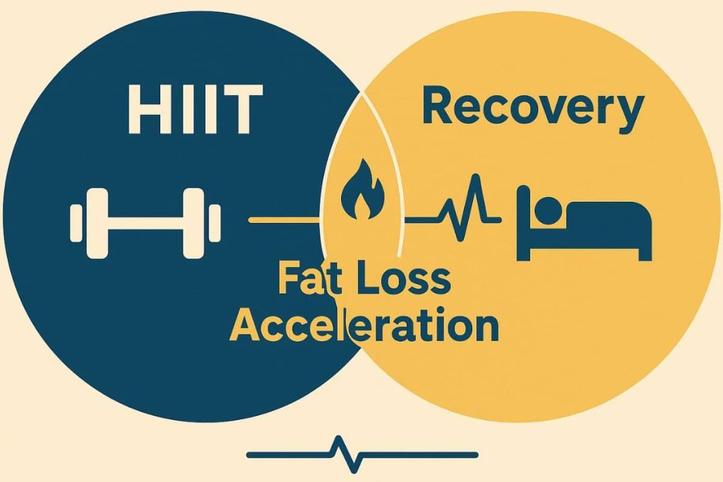 Flat design infographic showing HIIT and Recovery overlapping in a glowing Venn diagram to illustrate fat loss acceleration and explain why weight loss slows down without balance.