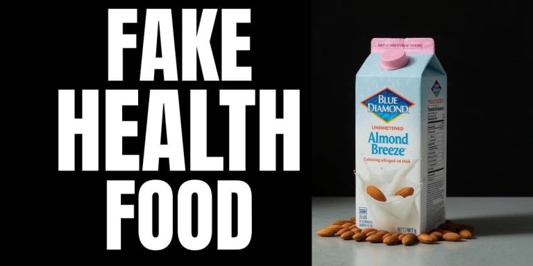 Carton of unsweetened almond milk with almonds at the base, illustrating the almond milk inflammation risk.