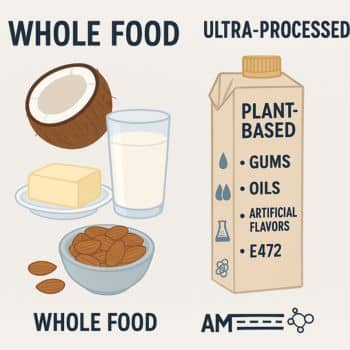 Illustration comparing whole foods to ultra-processed plant milk, highlighting gums, oils, and additives linked to almond milk inflammation