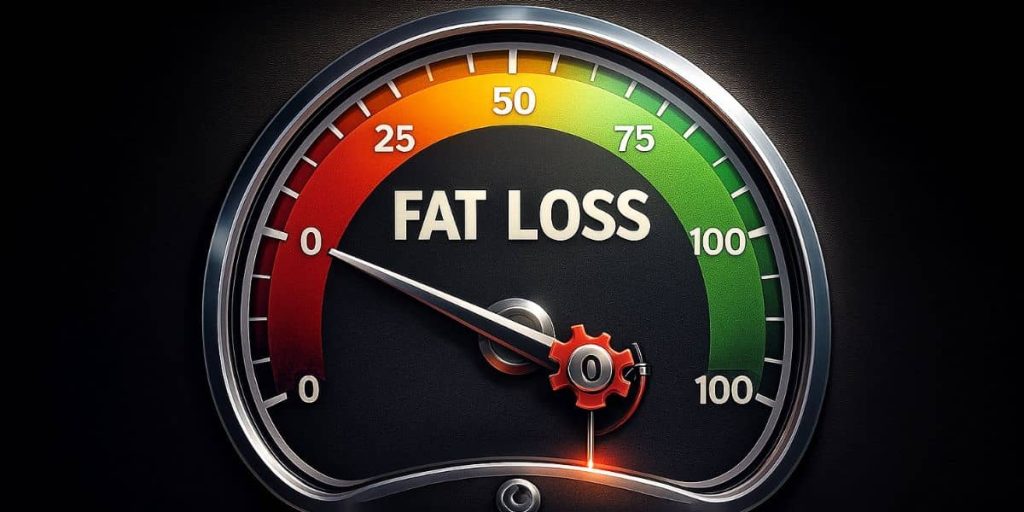 A colorful 2D illustration of a fat-loss gauge stuck at zero, locked down by an insulin warning symbol, representing how foods that spike insulin prevent the body from burning fat.