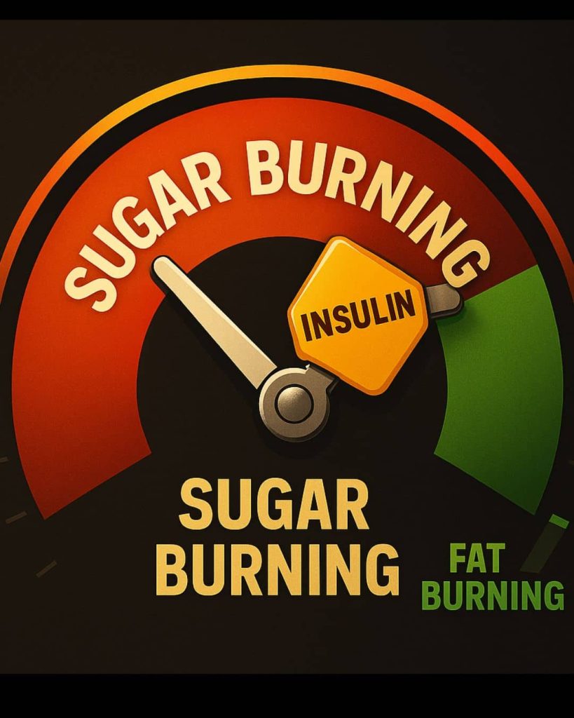 A colorful dashboard-style dial showing a needle locked in the “Sugar Burning” zone, blocked from moving into the “Fat Burning” zone by an insulin warning symbol, illustrating how foods that spike insulin prevent fat loss.
