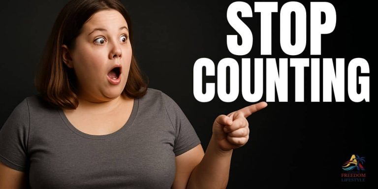 Surprised woman pointing to the right on a dark background illustrating why calorie counting fails