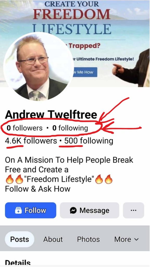 Screenshot of a fake Facebook profile showing zero followers and zero following, with manually typed fake follower and following numbers added underneath.