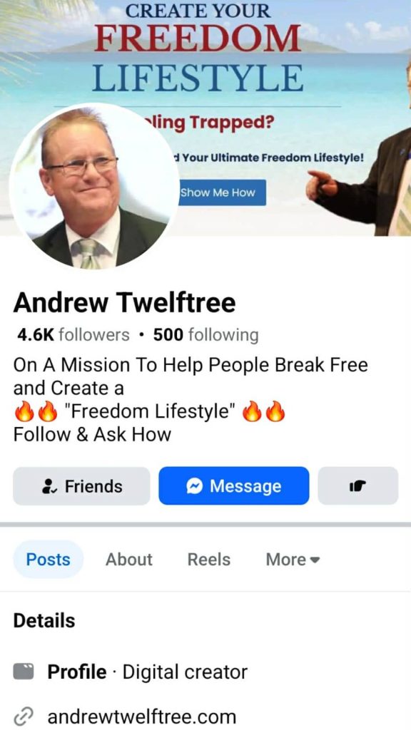 Screenshot of my real Facebook profile showing genuine follower and following counts, authentic posts, and proper account details.