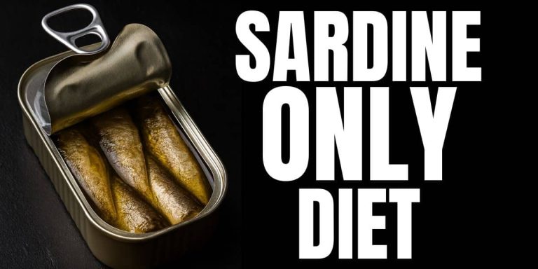 Angled photo of an open sardine can with the lid half peeled back beside black panel text reading “Sardine Only Diet,” illustrating the question: Is the Sardine Fast Diet Safe?