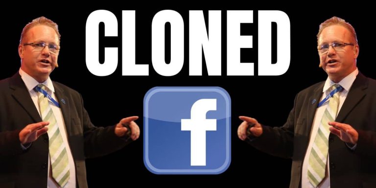 Two images of me side-by-side with the word “CLONED” in bold white text on a black background and a Facebook logo underneath, representing that someone cloned my Facebook account.