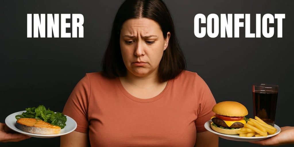 Slightly overweight woman looking down with a conflicted expression at two food choices—salmon and salad on one side, and a burger, fries, and soda on the other—symbolizing inner conflict and self-sabotage weight loss behaviors