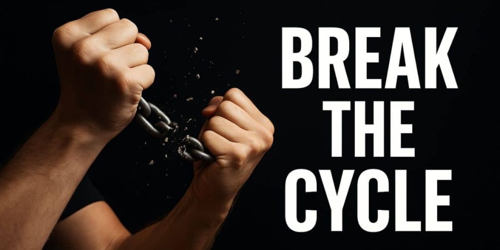 Hands forcefully breaking a metal chain with the words ‘Break the Cycle,’ symbolizing freedom from self-sabotage weight loss patterns.