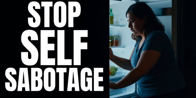 Woman leaning into an open fridge at night with a conflicted expression, representing self-sabotage weight loss behaviors, with text on the left reading ‘Stop Self-Sabotage