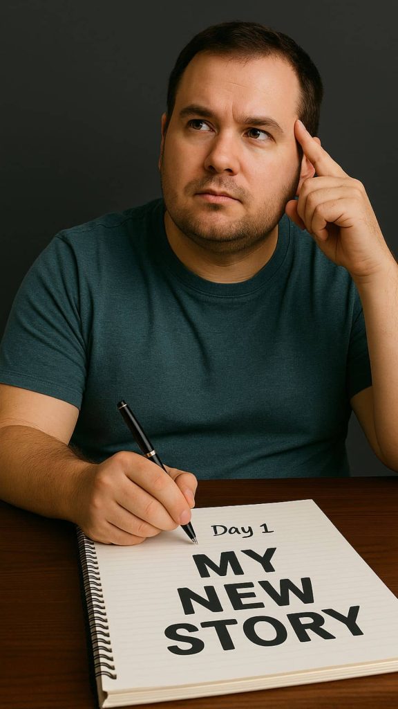 Slightly overweight man sitting at a desk with a notebook titled ‘Day 1 — My New Story,’ looking thoughtful and determined as he begins changing self-sabotage weight loss patterns.