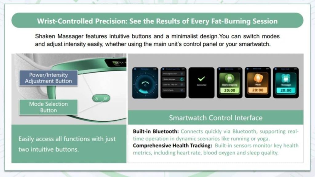 OlyLife Shaken Massager showing AI wrist-controlled smartwatch used to operate the vibrating fat-burning belt