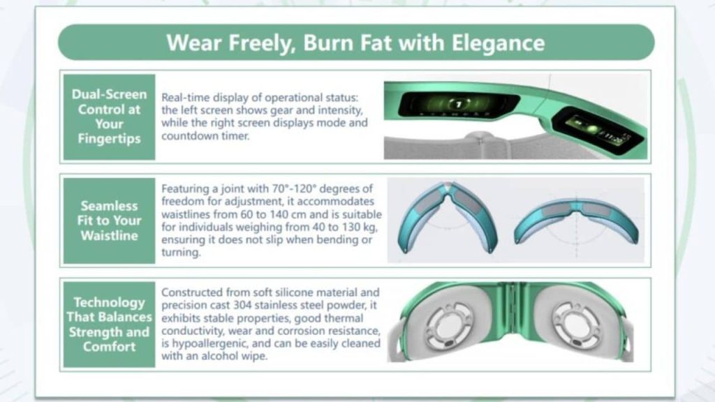 Different angles of the OlyLife shaken massager belt showing its design and built-in features