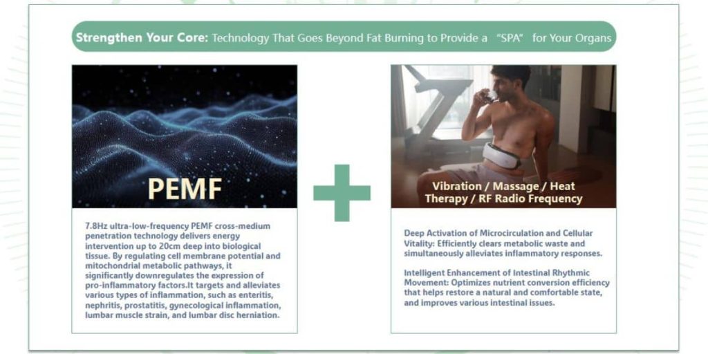Diagram showing ultra-low frequency PEMF technology alongside a person wearing the OlyLife shaken massager