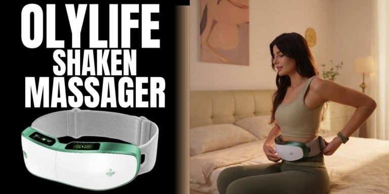 OlyLife shaken massager review showing the belt worn by a woman while sitting on a bed, highlighting its use as a fat loss tool