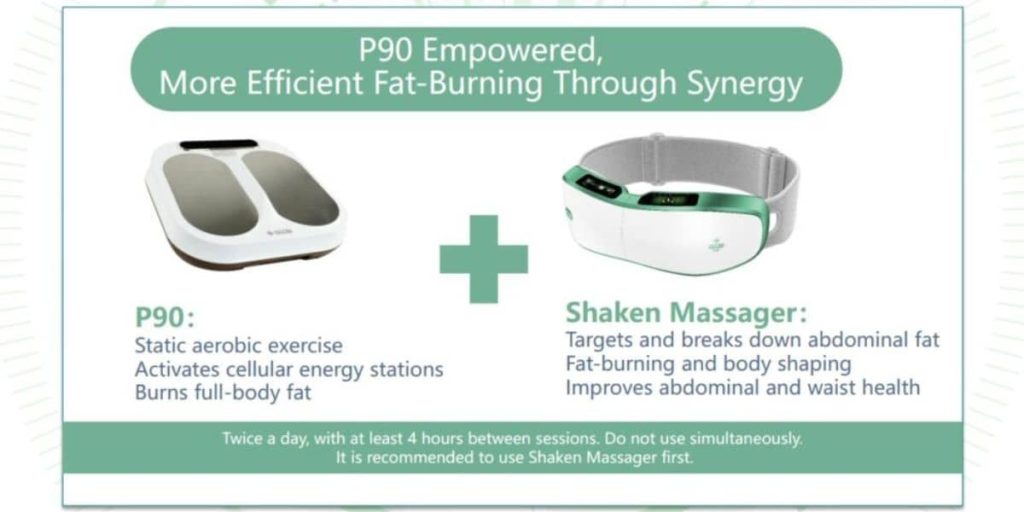 OlyLife Tera P90 shown alongside the OlyLife Shaken Massager as a combined wellness setup for enhanced fat-burning support