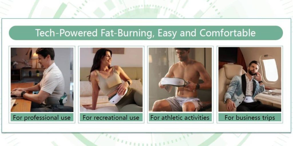 Shaken massager belt shown in different usage environments including home, fitness, and travel