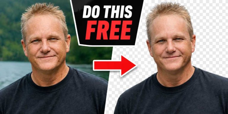 YouTube thumbnail showing a before-and-after background removal example, with a portrait photo on the left, a transparent checkerboard cutout on the right, a red arrow between them, and bold text reading “DO THIS FREE.”