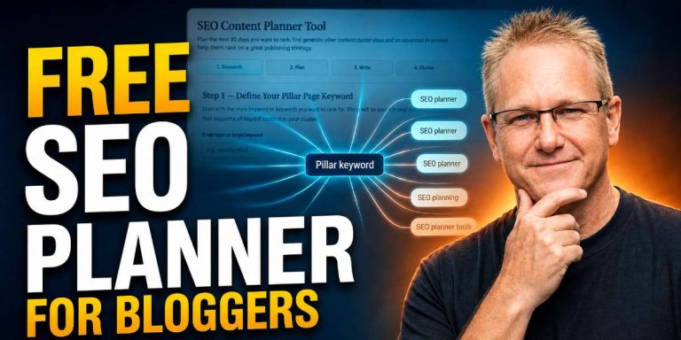 Free SEO Content Planner Tool for Bloggers featured image showing a content planning dashboard, pillar keyword diagram, and a man with glasses in a thinking pose