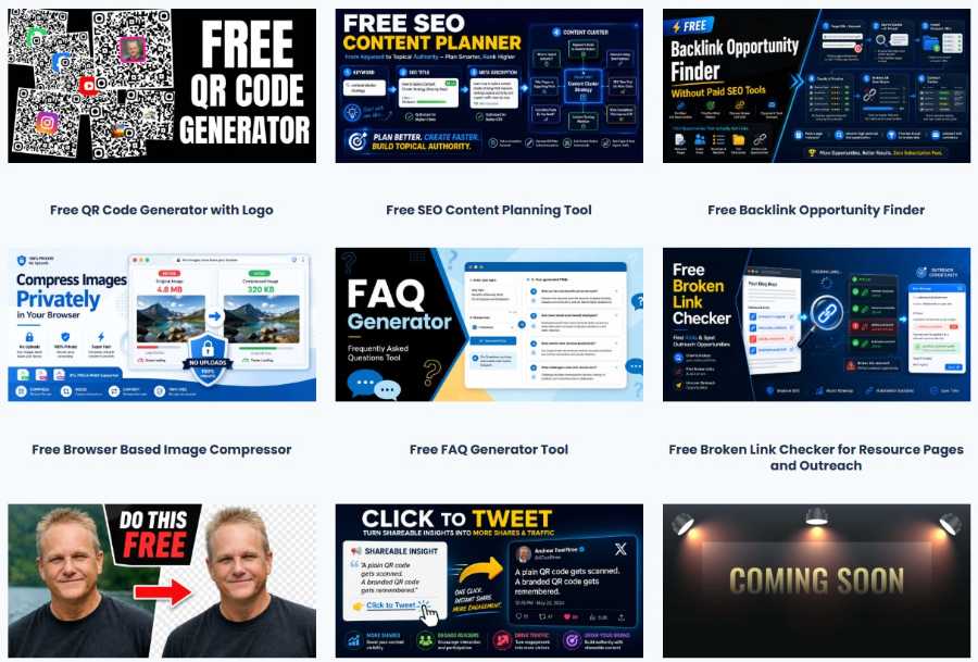 Screenshot of the free SEO and blogging tools suite by Andrew Twelftree, showing a collection of online tools for bloggers, content creators, and website owners.