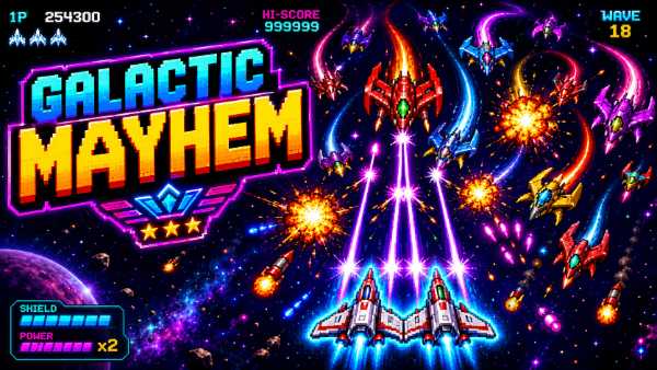 Galactic Mayhem retro arcade shooter thumbnail with a twin starfighter firing neon lasers at a swarm of alien ships in space.