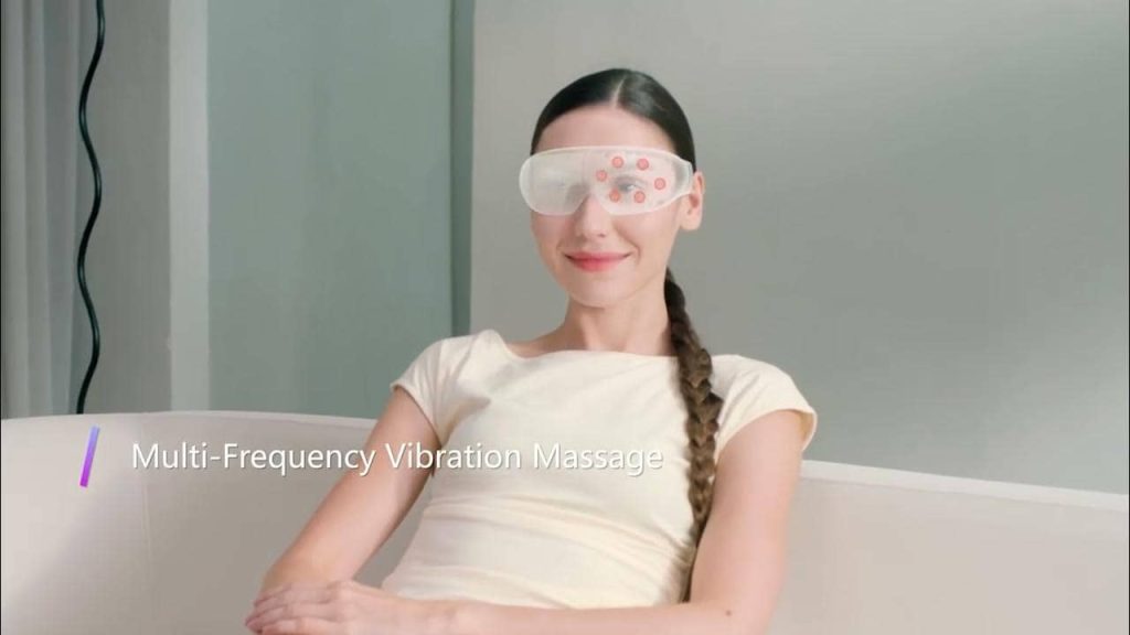 Woman relaxing on a couch wearing the OlyLife Galaxy G-One Eye Goggle with feature visualization
