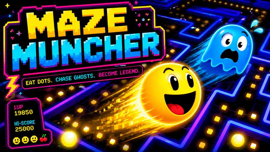Maze Muncher retro arcade game thumbnail with a yellow smiley face chasing a blue ghost through a glowing neon maze.