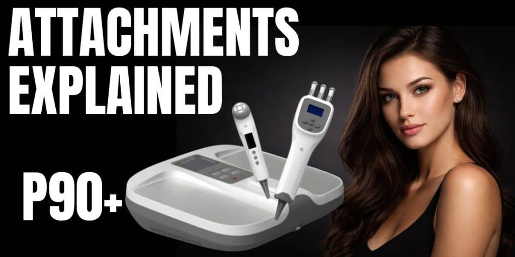 Woman displaying TERA P90 Plus PEMF device with labeled attachments
