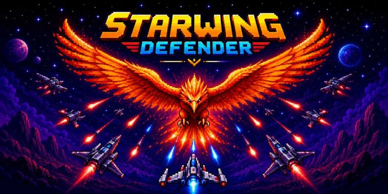 Starwing Defender featured image showing a fiery pixel-art phoenix battling spaceships in a retro arcade shooter scene.