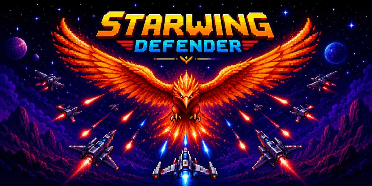 Starwing Defender featured image showing a fiery pixel-art phoenix battling spaceships in a retro arcade shooter scene.