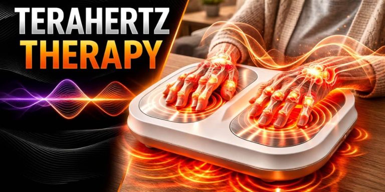 Elderly woman using a terahertz therapy footpad device with glowing energy waves highlighting hand joints and knuckles