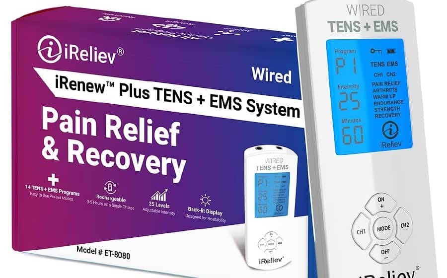iReliev TENS EMS hand controller leaning against product packaging