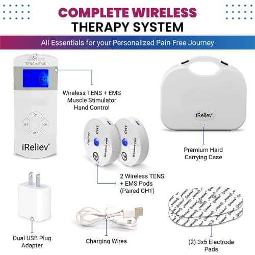 iReliev TENS EMS muscle stimulator system with control unit, pads, and cords