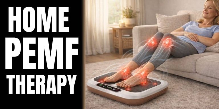 Woman using home PEMF therapy device with feet on OlyLife Tera P90 while relaxing on a couch.