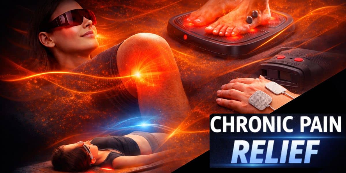 Collage of drug-free chronic pain relief therapies including red light therapy, foot therapy device, TENS pads, and PEMF mat for natural pain relief