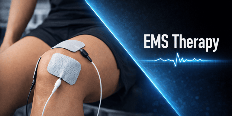 EMS therapy on knee with electrode pads for pain relief and muscle stimulation