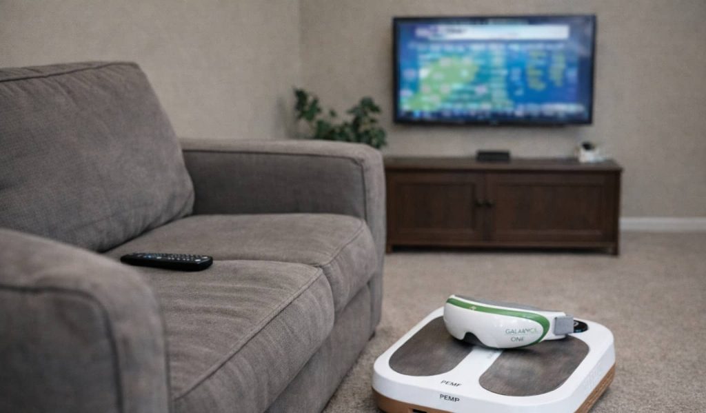 PEMF foot device on living room floor with therapy goggles resting on top, couch and TV in background